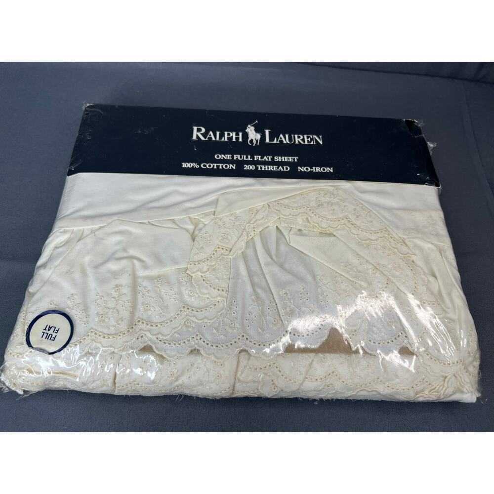 Vintage Ralph Lauren Home Ivory Full  Flat Bed Sheet Ruffle Eyelet NOS